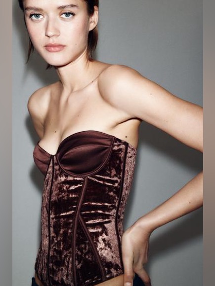 Zara Nwot Velvet Strapless Corset Top In Chocolate Brown